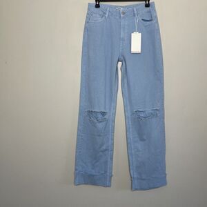 BERSHKA Jeans Womens 4 Blue High Rise Straight NEW Cuffed Distressed